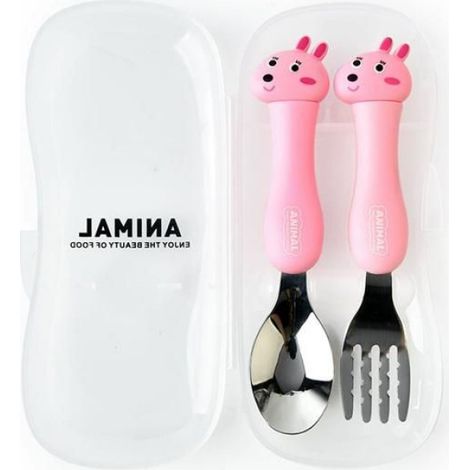 1 Ensemble couverts, fourchette et cuillère, acier inoxydable 304, motif animaux, boîte PP, pour enfants (1/5)