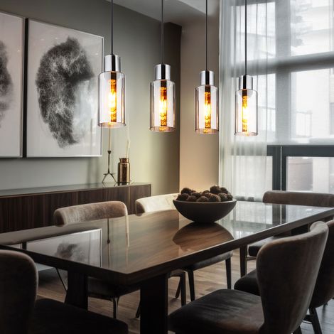 Hängelampe Pendelleuchte Deckenleuchte Wohnzimmerlampe Esstischleuchte, Metall schwarz Glas rauchfarben, 4 Flammig E27 Höhenverstellbar, L 82 cm