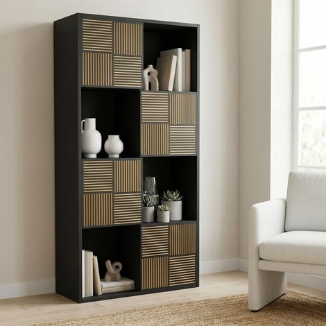Bibliothèque, vitrine bois, meuble de rangement modulable pour salon et bureau, 8 casiers, portes à lattes, 125x60x30cm, Noir
