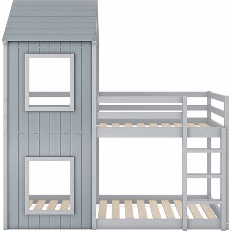 Lit superposé 90x200, lit enfant maison pour chambre enfant, échelle et baldaquin, au sol, bois massif, gris, matelas non inclus, gain de place (1/5)