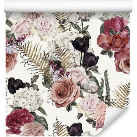 Carta da parati con rose e foglie di felce per soggiorno e camera da letto, 50x1000 cm. (1/5)