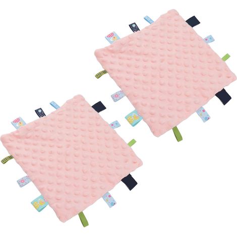 Lot de 2 couvertures de sécurité pour bébé en pur coton avec étiquettes colorées et particules 3D, idéales pour le développement sensoriel. Rose. (1/5)