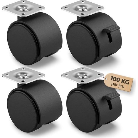 Lot de 4 roulettes pivotantes 5 cm (2") pour meubles d'intérieur - Roulettes de transport avec frein, charge max. 25 kg par roulette - Roulettes pivotantes pour meubles d'intérieur (1/5)