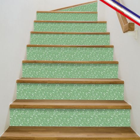 Contremarches adhésives PVC pour escalier - floral vert - Lot de 5 (18x100 cm) (1/5)