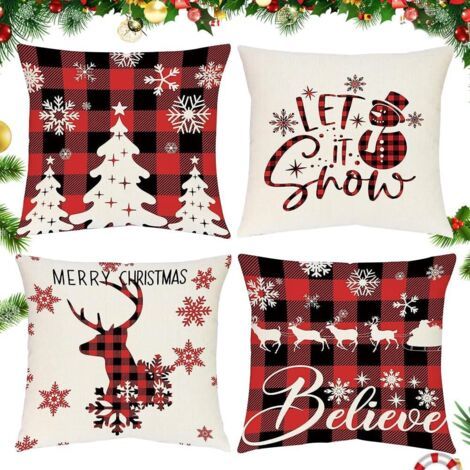 4PCS Housse de Coussin Noël, 45x45cm Rouge Taie d'oreiller Noel, Thème de Noël Housse de Coussin, Housse de Coussin décorative de noël à Carreaux, décorations de Noël (1/5)