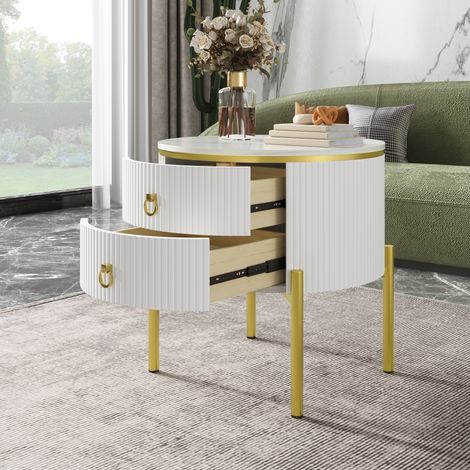 Table d'appoint ronde 50 cm MDF effet marbre – Deux tiroirs de rangement – Pieds dorés réglables – Déco chic contemporaine – Convient pour salon et chambre – Blanc (1/5)