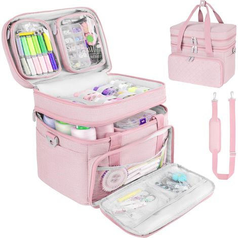 Sacoche de Couture Double Couche, Bretaille & 2 Pochettes Amovibles, Grand Rangement pour Fils, Ciseaux, Rose