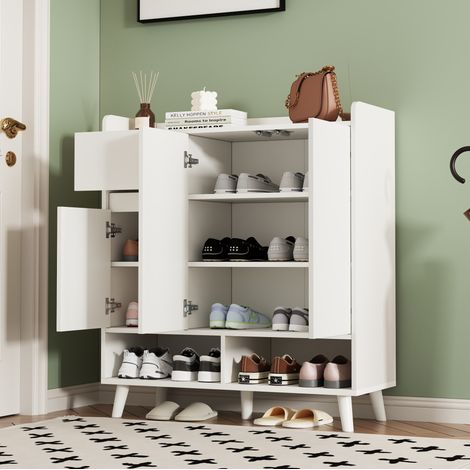 Meuble à chaussures 90x35x99 cm en panneaux de bois blanc, gain de place pour entrée FloraGrace (1/5)