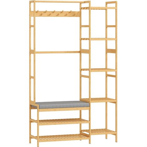 Bambus-Garderobe mit Schuhregal, Haken, Kleiderstange und gepolsterter Sitzbank (1/5)