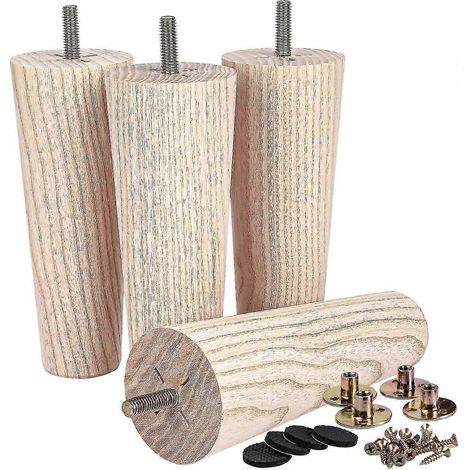 Pieds de meubles en bois de frêne de 4 pouces avec embouts dorés, de marque, ensemble de 4, style médiéval, pieds de remplacement coniques en bois peint, boulons M8 pré-percés, pieds coniques de 6 pou (1/5)