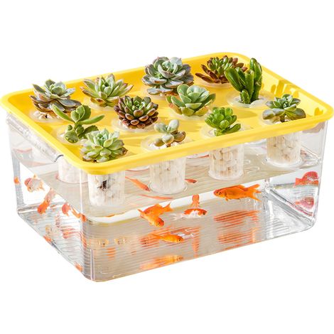 Acuario de plástico transparente para hidroponía con tapa y 12 macetas para jardines en balcones y piscicultura (tapa amarilla). (1/2)