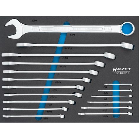 HAZET JEU DE CLÉS À MOLETTE 163-640/17, 17 PIÈCES, 1Â�„4 À 1.1Â�„2 POUCES, HEXAGONE EXTÉRIEUR, PROFIL TRACTION À DOUBLE HEXAGONE