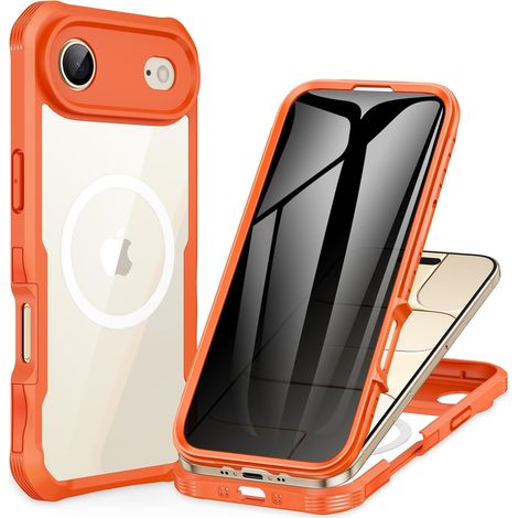 Magnétique Anti Espion Coque iPhone 17 Air [Compatible avec MagSafe] intégré 9H Verre Trempé Protection écran et Protection Caméra, 360° Antichoc Téléphone Housse Case Intégrale Etui -Orange (1/5)
