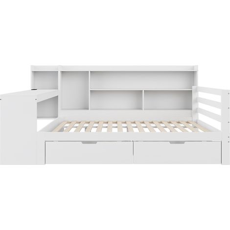 Lit banquette 140x200, lit en bois massif blanc avec bureau intégré, bibliothèque et étagères, lit double multifonction. (1/5)