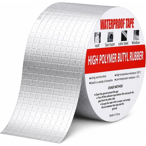 Ruban adhésif butyle avec film d'aluminium,Ruban adhésif imperméable pour la réparation de toit, étanchéité des tuyaux, remplissage de fissures, Résistant aux UV et aux hautes températures, 5cm x 5m (1/5)