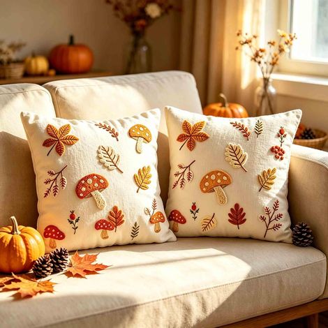Housse de coussin automne brodée feuille d'érable et champignon, B (1/5)