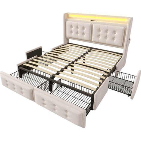 Cama con almacenamiento tapizada 140x200 beige con LED, USB-C y 4 cajones HOMVRA (1/5)