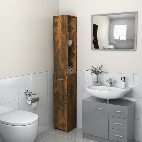 Armoire de salle de bain - Meuble de rangement Chêne fumé 25x25x170 cm Bois d'ingénierie BV169908 - BonneVie (1/5)