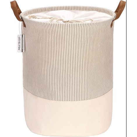 Panier à linge en tissu à rayures avec poignées en cuir PU et fermeture à cordon, 17,7 x 13,8 pouces, intérieur imperméable, gris (1/5)