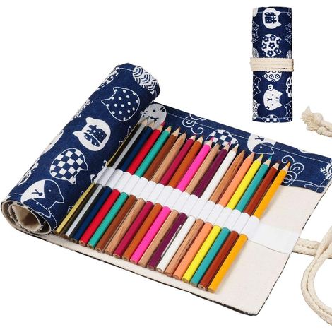 Etui À Crayons En Toile - Rouleau Pliant Pour Artistes - Avec Compartiments Élastiques - Motif Chat - 24/36/48 Emplacements (1/5)