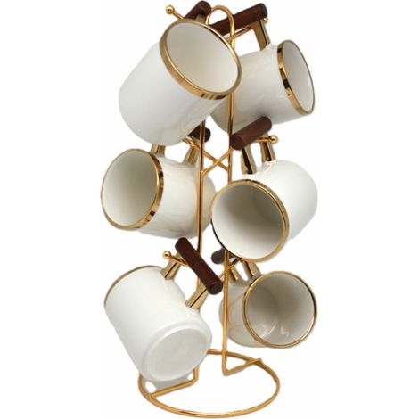 Juego de 6 elegantes tazas blancas y doradas con soporte. (1/5)
