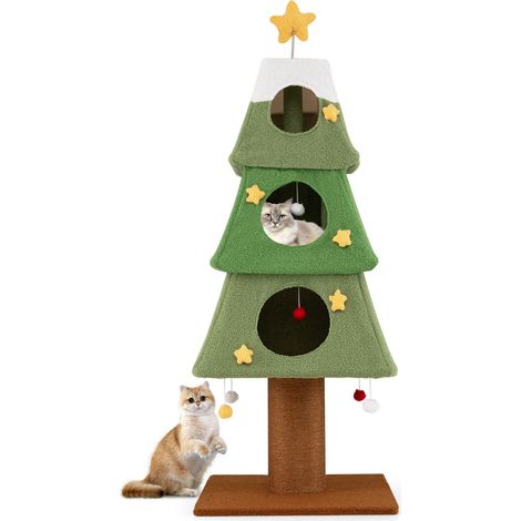 Albero per gatti di Natale 60,5 x 60,5 x 162 cm con 3 casette stabili in legno ingegnerizzato verde bianco marrone 200018072