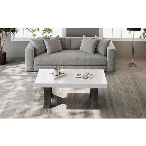Table Basse 100 x 50 x 40 cm pieds de table en X Table de Salon format rectangulaire finition brillante MDF blanc et noir (1/5)