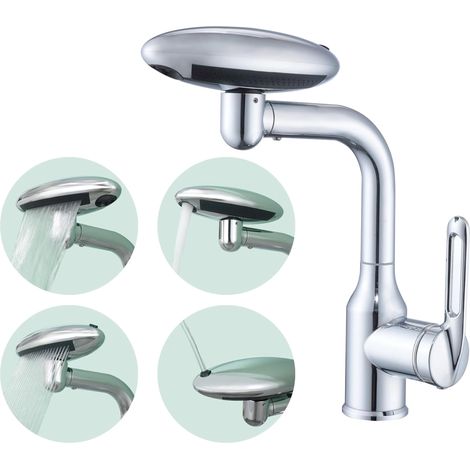 Rubinetto per lavabo da bagno a foro singolo, girevole a 360°, con 4 modalità di getto (cromato). (1/5)