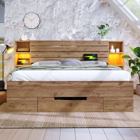 Lit Double 160x200 cm avec Rangements, Tête de Lit avec Étagères, LED, USB et USB-C, 2 Tiroirs, Sommier à Lattes - Effet Chêne (1/5)