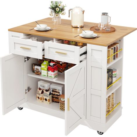 Moderne Kücheninsel, Küchenschrank, buffetschrank, Speisewagen mit Holzmaserung, buffetschrank, Multifunktionale Esstisch mit Speicherraum, Speisewagen mit Stretchfunktionsschränken, weiß