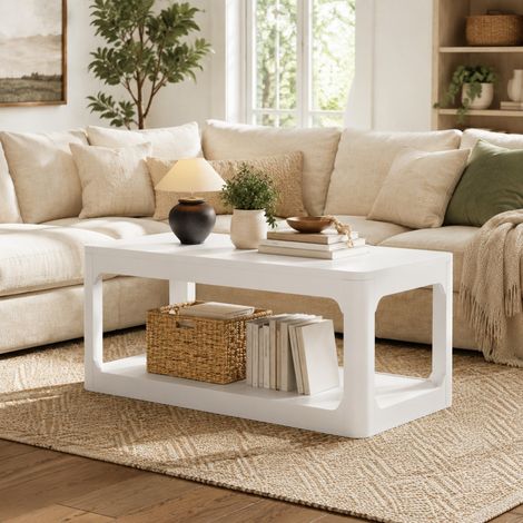 Couchtisch 100 x 50 x 44,5 cm mit zwei Ablageflächen, 3 cm Tischplatte, weiß OKMYHOME (1/5)