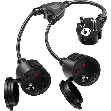 Rallonge d'alimentation avec 2 Prises, Rallonge Électrique 2 en 1  Extérieur 16A/250V, Étanche IP44- pour Intérieur et Extérieur, pour pour Maison, Bureau, Extérieur, Noir (1/5)