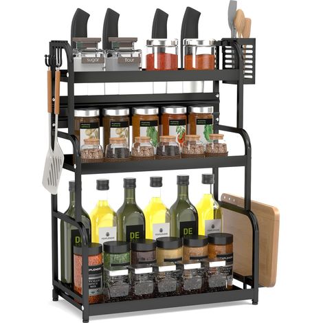 rangement epices cuisine avec porte ustensiles, etagere a epices,57.5x44x21cm, en Acier, porte epices, etagere rangement et organisation de cuisine, bureau, salle de bain(3 niveaux) (1/5)