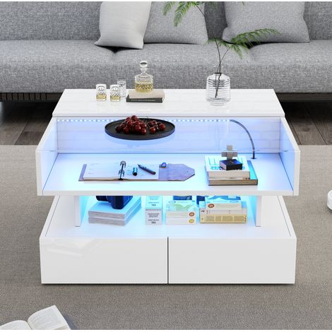 Mesa de centro elevable 80 x 80 x 45 cm con almacenaje, 2 cajones y LED, blanco HAVRYA (1/5)