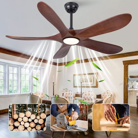 Ventilatore a soffitto con luce e telecomando, 5 pale in legno massello, 6 velocità, silenzioso, noce e nero (1/5)