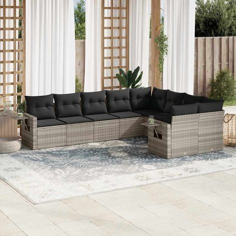 Set muebles jardín 9 pzas y cojines ratán sintético gris claro vidaXL (1/5)