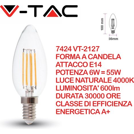 V-TAC VT-2127 lampadina led filamento candela e14 6W bianco naturale 4000K - SKU 7424