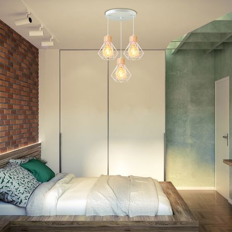 Lampada a Soffitto Industriale 3 Paralumi Forma Diamante in Ferro e Legno Lampadario E27 per Soggiorno Cucina Camera da Letto Bianco (1/5)
