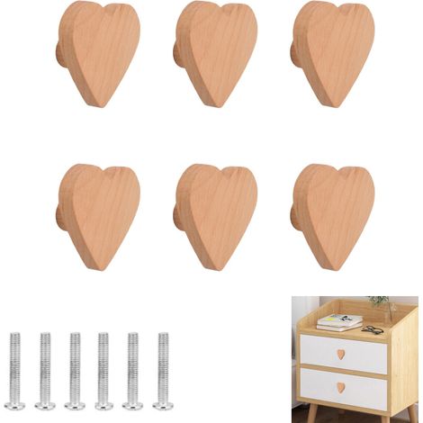 Lot de 6 boutons de placard en bois de hêtre en forme de cœur avec vis et tube d'extension