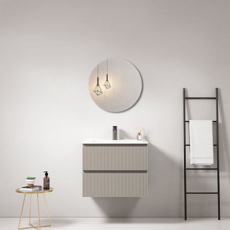 Mobile bagno sospeso cannettato 60 cm Grigio Cenere Lavabo in Ceramica Specchio Tondo - Fiji Paint