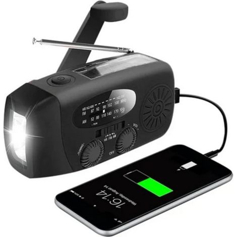 Filiyano – lampe torche et batterie – Radio d'urgence à manivelle noire avec cellules solaires, lampe torche et batterie externe 2000 MAH, modèle (1/5)