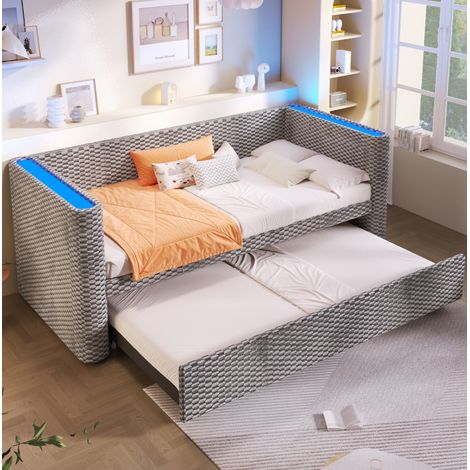 Cama dormitorio extensible con LED gris terciopelo OKMYHOME (1/5)