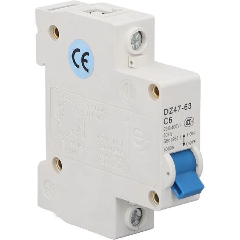 Disjoncteur miniature monophasé (MCB) pour montage sur rail DIN, pouvoir de coupure de 6000 A, 230 V/400 V, 6 A, pour usage domestique (1/5)