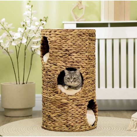 Katzenbett 40 x 73 cm aus geflochtener Wasserhyazinthe, 3 Nischen mit abnehmbaren Kissen (1/5)