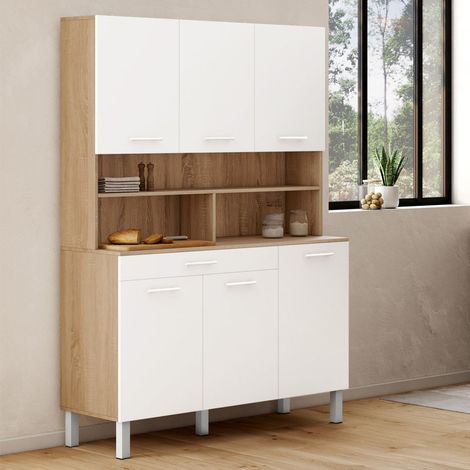 CINA 120 CM aparador de cocina con 6 puertas + cajón, acabado haya y blanco (1/5)