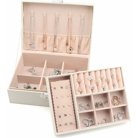 Tier Jewelry Box, Lockable PU Leather Jewelry Box for Girls and Women, Velvet Lining, White (1/5)