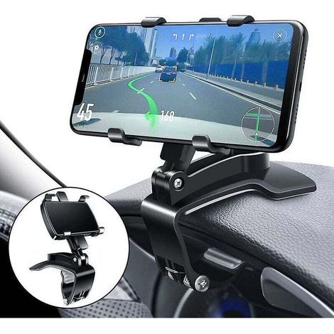 Support de téléphone multifonction pour tableau de bord de voiture, avec pince à ressort réglable et rotative à 360°, noir