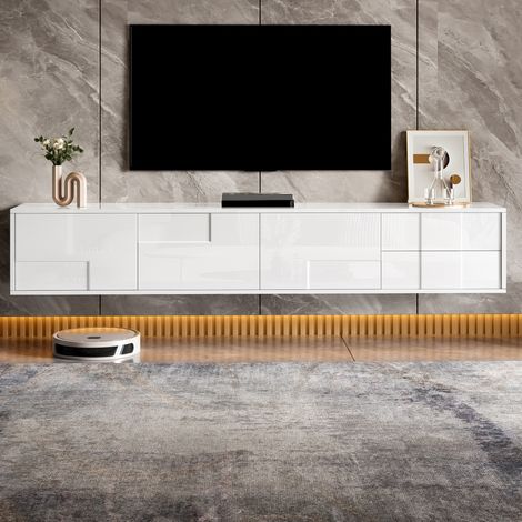 meuble tv rangement 170 cm blanc laque suspendu moderne OKMYHOME (1/5)