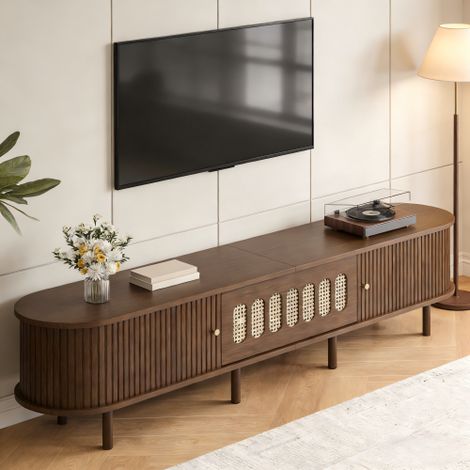 Meuble tv noyer foncé 180x40x40 cm avec rotin, 2 portes tambour, 1 porte abattante et 8 pieds (1/5)