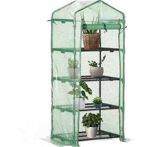 Serre de jardin PE avec étagères 4 niveaux, serre de balcon, bâche renforcée 140 /m², châssis en acier, porte zippée enroulable, pour légumes plantes, intérieur extérieur, 70x50x160cm, vert